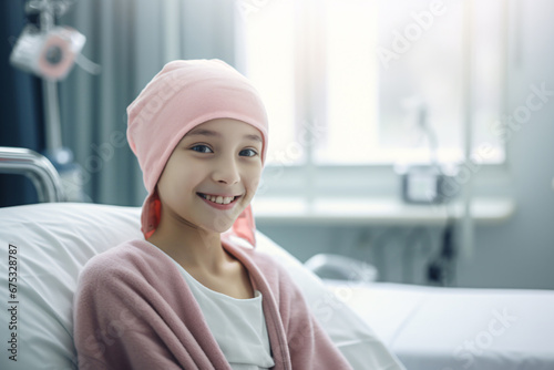 Happy cancer patient. Smiling girl after chemotherapy treatment at hospital oncology department. Leukemia cancer recovery. Cancer survivor. Smiling bald cute girl with a pink headscarf. 