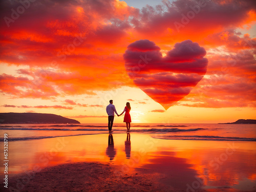 a romantic scene where a couple stands hand in hand on a shore, with a large heart-shaped cloud