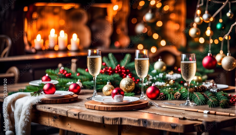 Ein festlich geschmückter Holztisch zu Weihnachten mit Sektgläsern und weihnachtlicher Dekoration