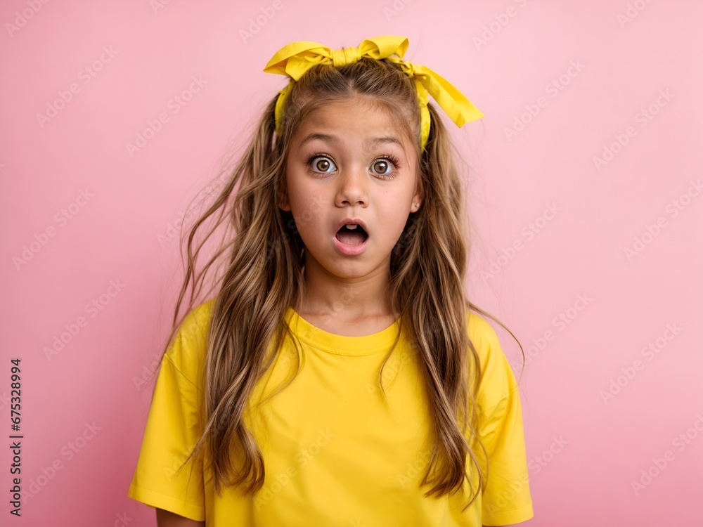 A surprised young girl with wide eyes and an open mouth, wearing a bright yellow top with her hair in pigtails against a pink background, creating a vibrant and expressive image A surprised young girl with wide eyes and an open mouth, wearing a bright yellow top with her hair in pigtails against a pink background, creating a vibrant and expressive image