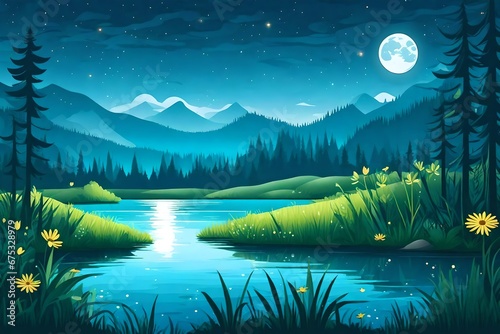 landscape with lake and mountains and moon