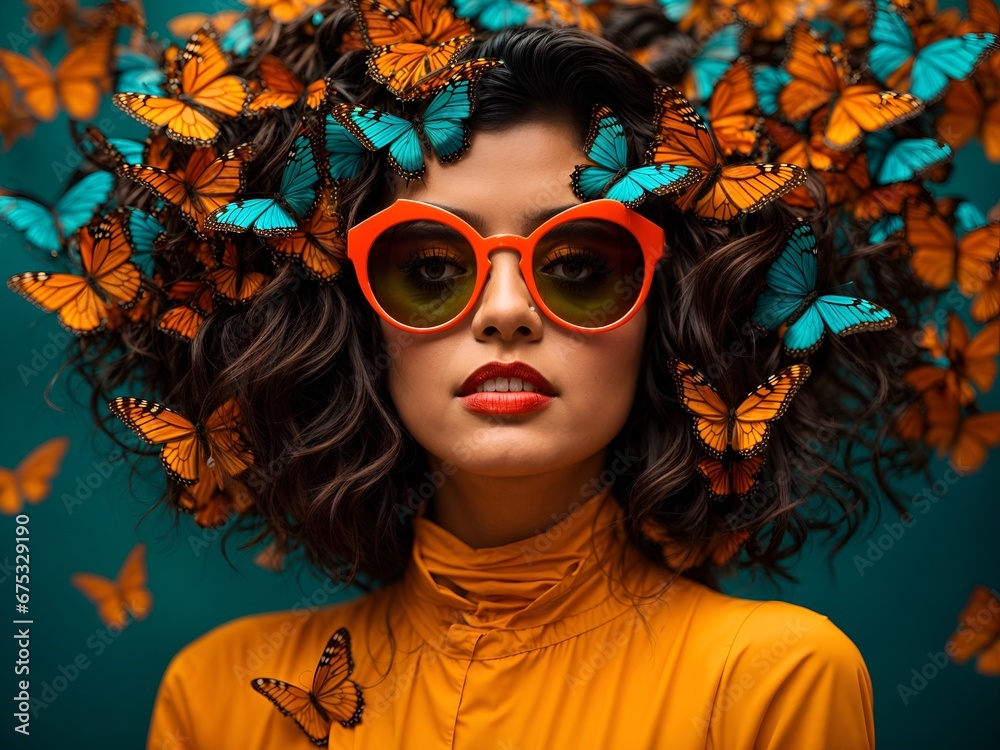 A woman with vibrant orange sunglasses is surrounded by a flurry of colorful butterflies