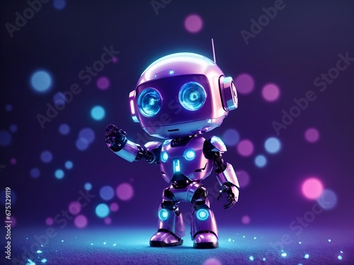 a friendly-looking cartoon robot with glowing blue eyes and purple accents