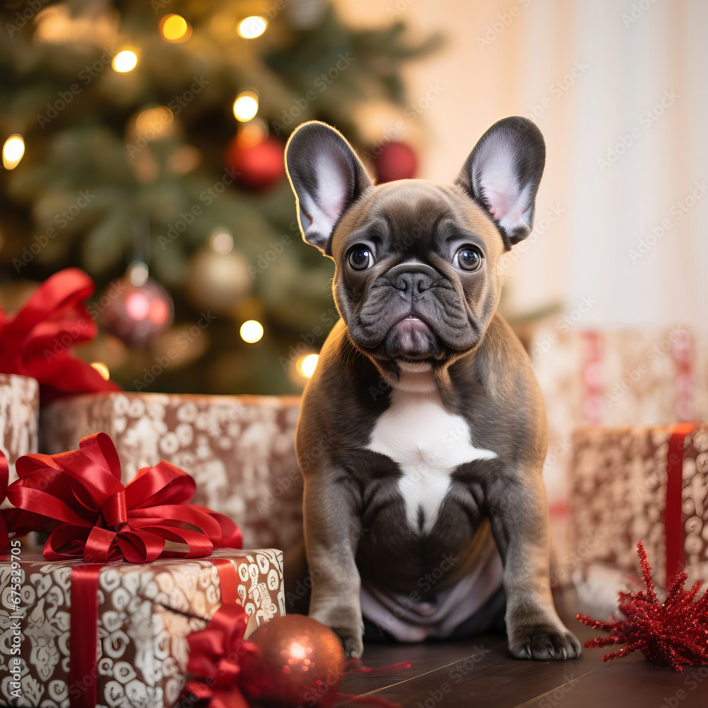 French bulldog is sitting under the Christmas tree and waiting for gifts