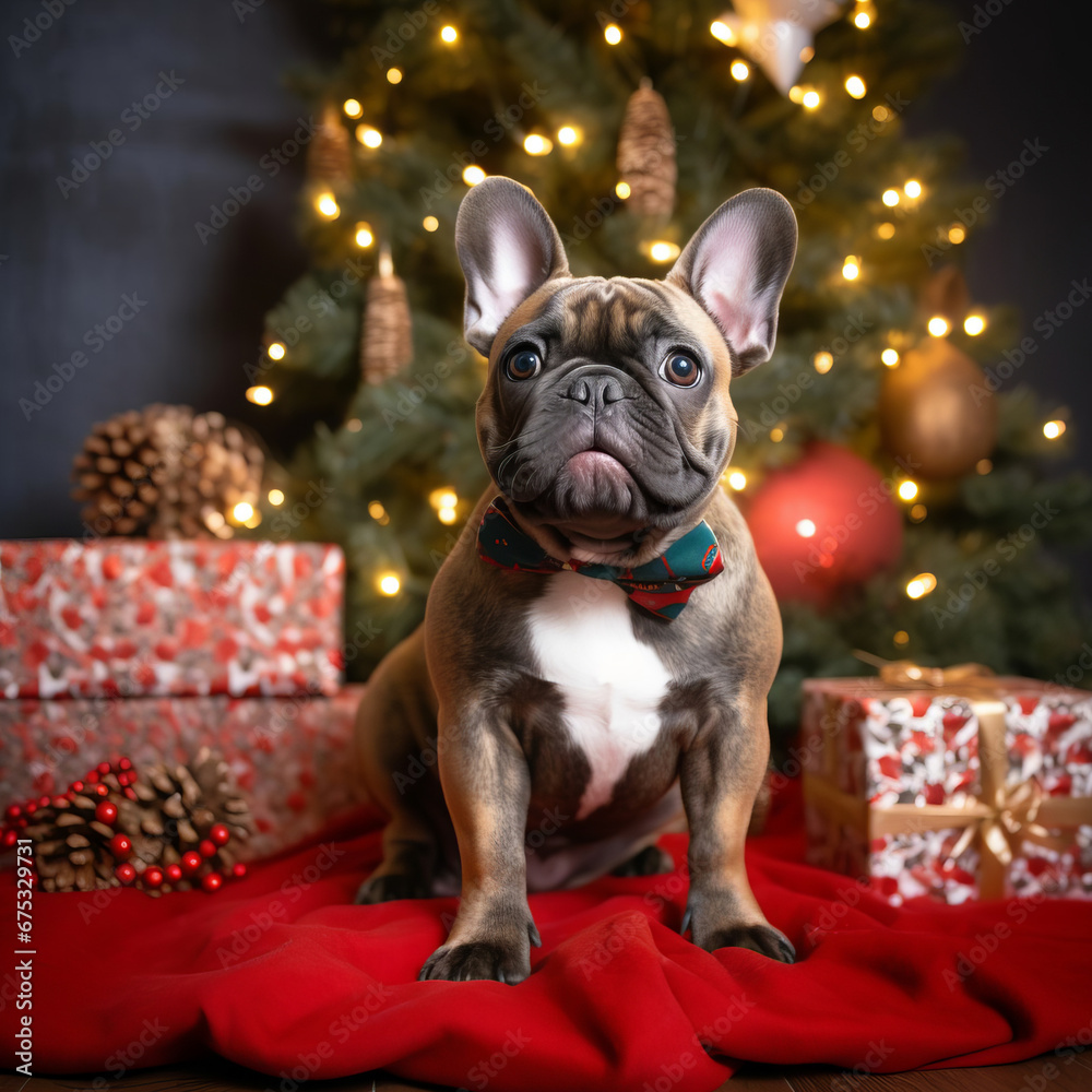 French bulldog is sitting under the Christmas tree and waiting for gifts