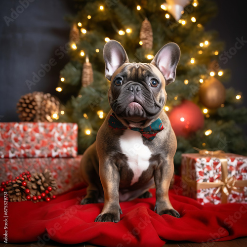 French bulldog is sitting under the Christmas tree and waiting for gifts © Fotostockerspb