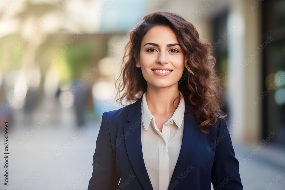 Portrait closeup of a beautiful businesswoman standing at outdoor city Portrait closeup of a beautiful businesswoman standing at outdoor city