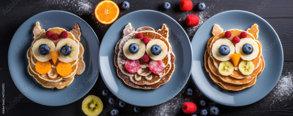 Creative owl pancakes on plate. Pancake for kids with forest fruits.