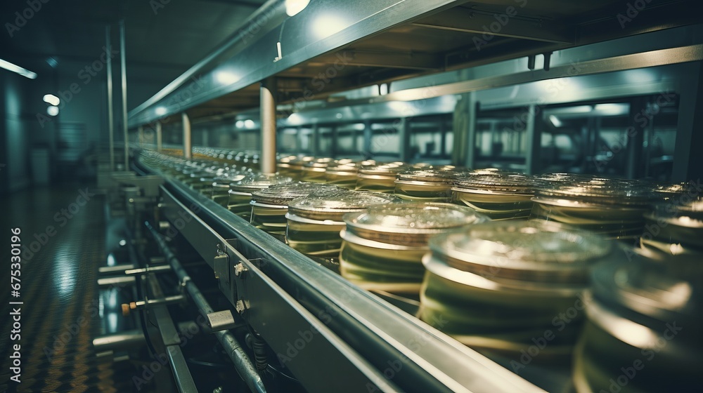 a factory production line with rows of metal cans on a conveyor belt. The cans are silver in color and appear to be made of aluminum, tin, or steel.Background