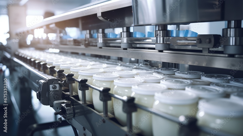 production line in a factory where yogurt cups are being filled by machinery. The cups are white with silver lids and the machinery is made of stainless steel. production line in a factory where yogurt cups are being filled by machinery. The cups are white with silver lids and the machinery is made of stainless steel.