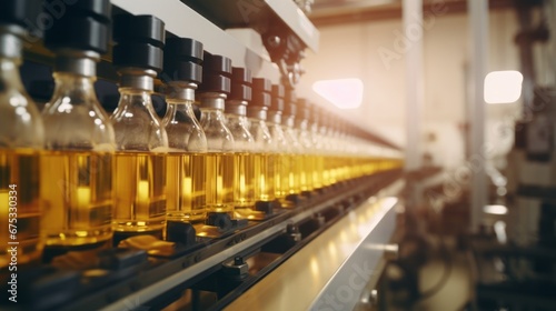 Specialized machinery bottling and packaging various cooking oils in a production facility.