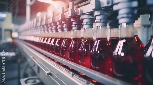 production line in a factory where bottles are being filled with a soft drink liquid, signifying an automated manufacturing process in an industrial setting.Background photo
