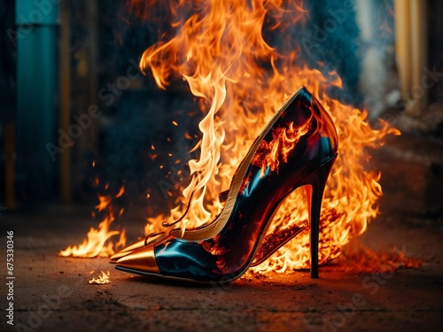 A pair of high-heeled shoes caught fire