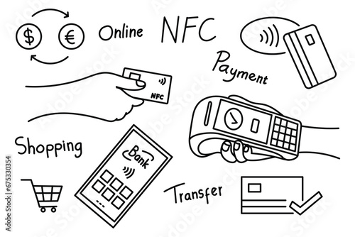 Contactless payment doodle design credit card smartphone shopping transaction photo