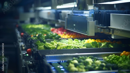 a vegetable processing line in a factory. Various vegetables such as lettuce, broccoli, tomatoes, peppers, and cabbage are being sorted and packaged on a conveyor belt.