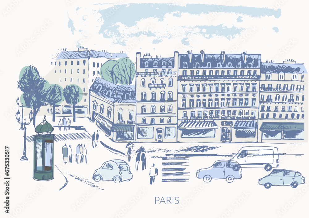 Hand drawn Paris colorful urban sketch