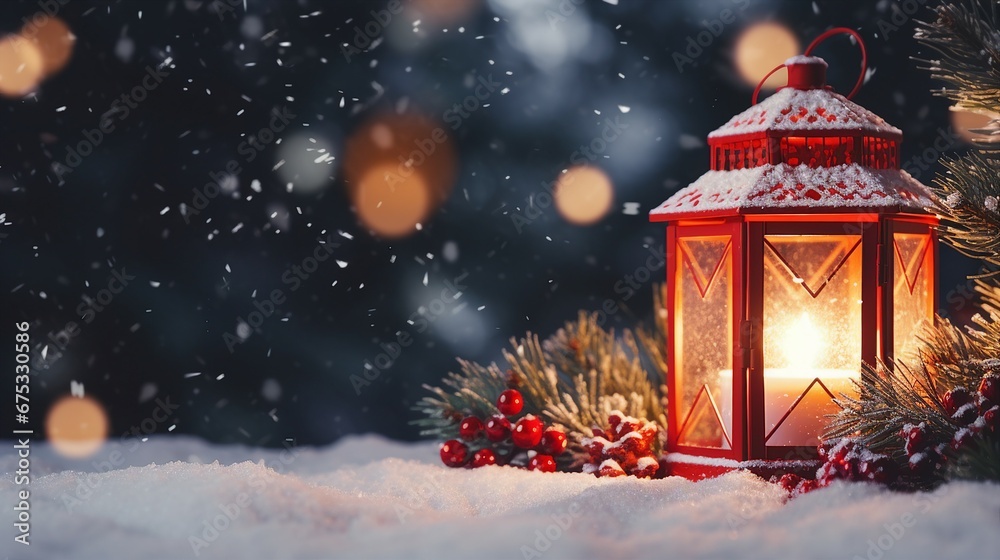 Christmas Lantern Glowing in Snowy Winter Night | Festive Tree Decor Christmas Lantern Glowing in Snowy Winter Night | Festive Tree Decor