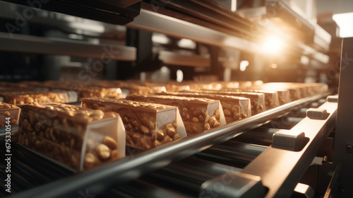 An assembly line dedicated to creating and packaging snack bars.Background