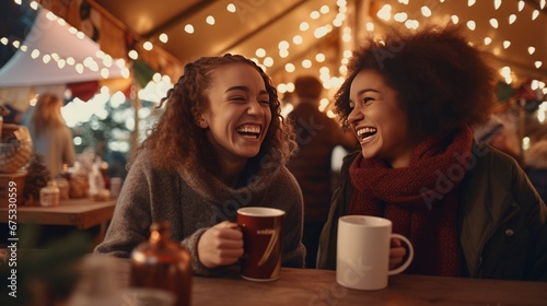 a cozy moment at a Christmas market, with two people enjoying a warm drink amidst the festive lights and decorations, embodying the spirit of holiday celebration and companionship.