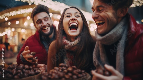group of friends sharing laughter and joy while savoring roasted chestnuts in the heart of the market.