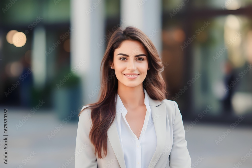 Portrait closeup of a beautiful businesswoman standing at outdoor city Portrait closeup of a beautiful businesswoman standing at outdoor city