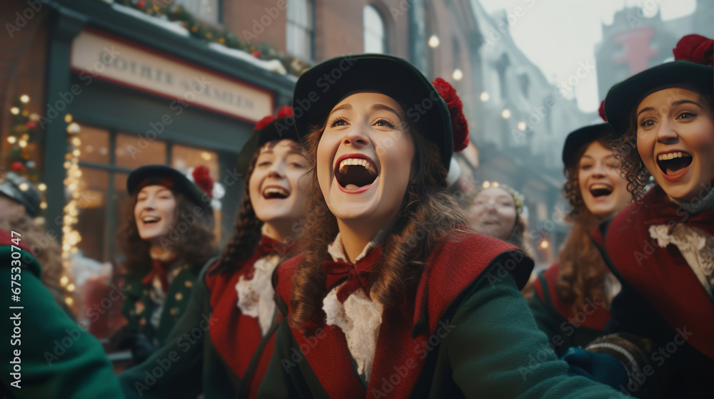 Fototapeta premium a lively Christmas parade with people dressed in festive attire, walking down a street adorned with holiday decorations, embodying the joy and tradition of the season.