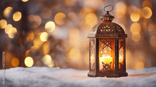 Christmas Lantern Glowing in Snowy Winter Night   Festive Tree Decor © Sunanta