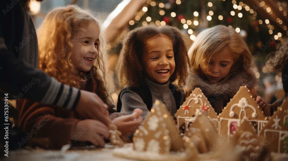 a group of children gleefully decorating gingerbread houses at a market workshop.