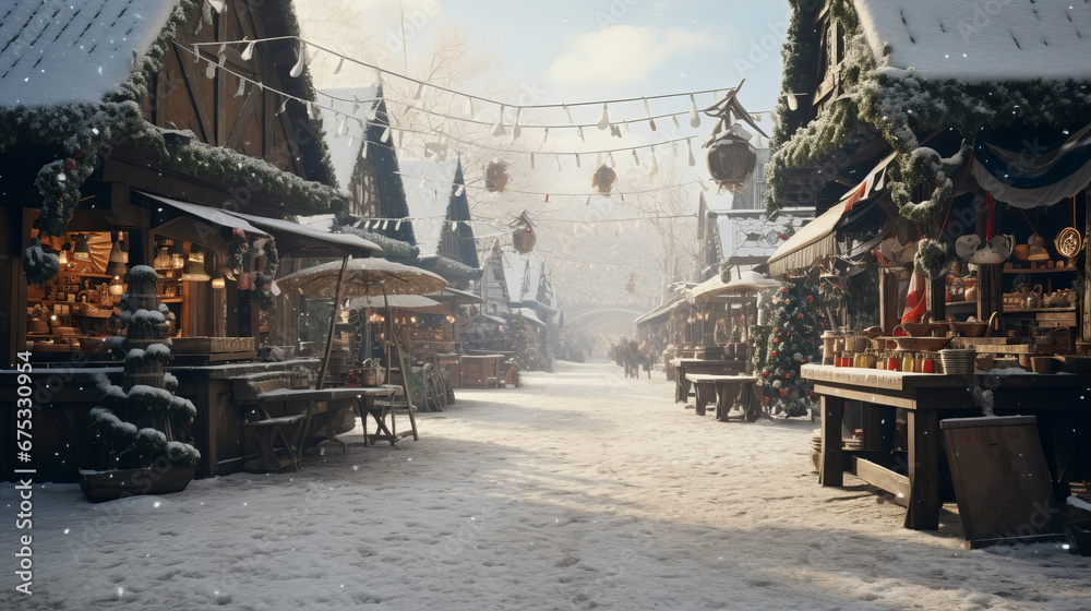 a lively Christmas market in a snowy village street, adorned with festive decorations, stalls selling various items, and a grand Christmas tree at the center, creating a cozy and festive atmosphere.