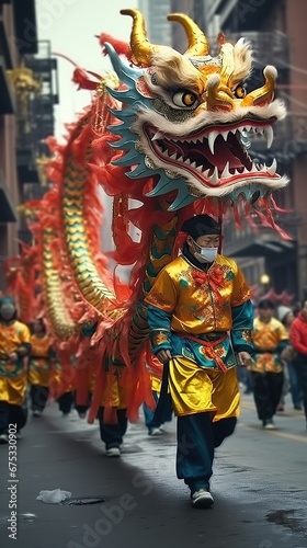 Chinese Dragon New Year dance performance in street. AI Generated. © Marcela Ruty Romero