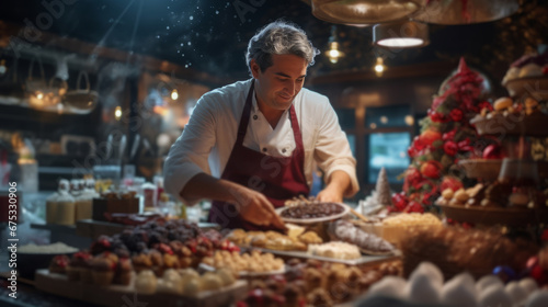 a chef preparing a Christmas feast in a cozy, festively decorated kitchen. It’s a scene of holiday warmth, culinary artistry, and anticipation of a delicious meal.