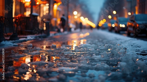 Twilight Glow on Snowy Suburban Street in Winter Evening © _veiksme_