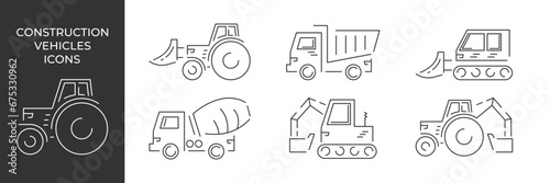 Construction vehicles. Heavy special transport icon. Vector illustration. Excavator. Bulldozer. Tractor.