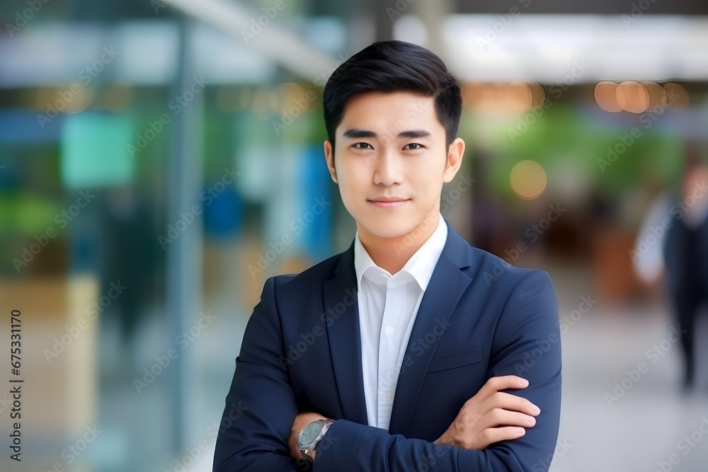 Portrait closeup of Asian businessman standing at outdoor city Portrait closeup of Asian businessman standing at outdoor city