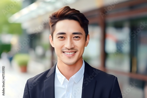 Portrait closeup of Asian businessman standing at outdoor city