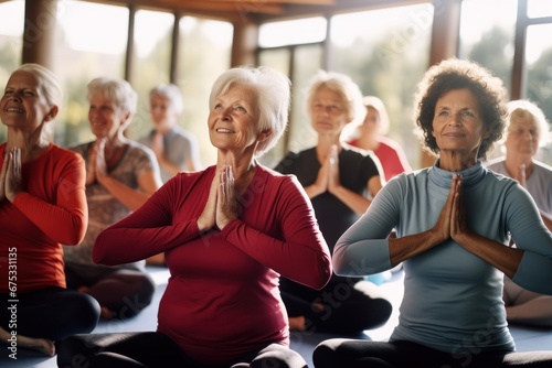 Group of active elderly people perform yoga together at a retreat center to improve their physical condition and well-being. Socialize with each other, active aging concept. photo