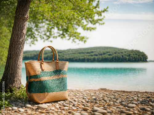 A woven straw beach bag sits on the pebbled shore, with the clear blue water of a lake