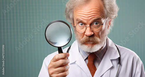Hombre médico con estetoscopio en bata blanca aguantando una lupa fondo azul uniforme photo