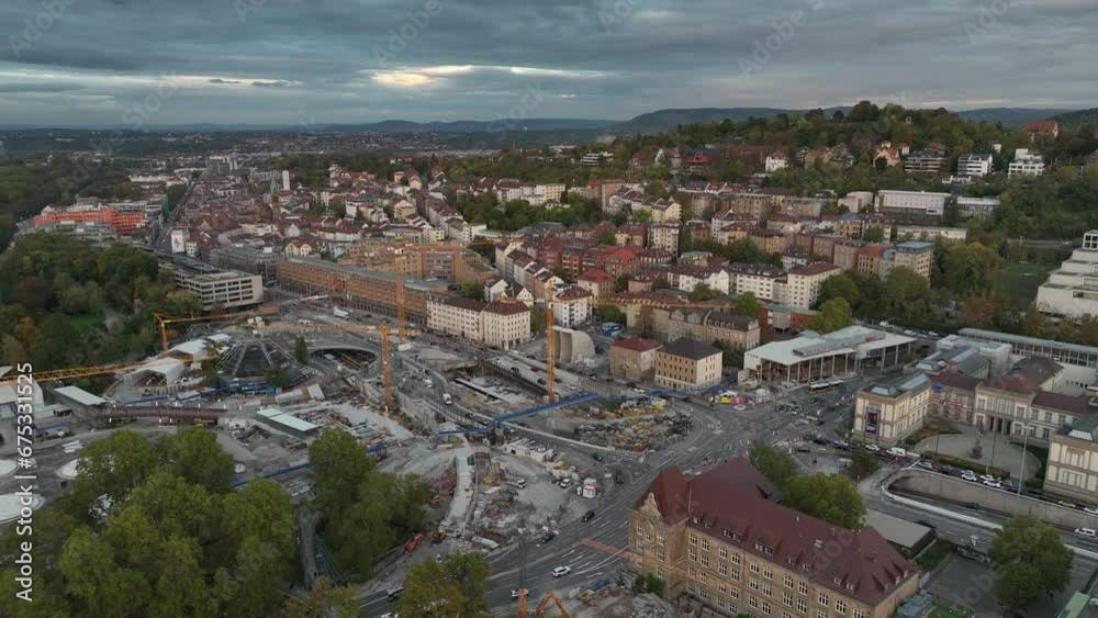 twilight time stuttgart city center traffic street train station construction yard aerial panorama 4k germany twilight time stuttgart city center traffic street train station construction yard aerial panorama 4k germany