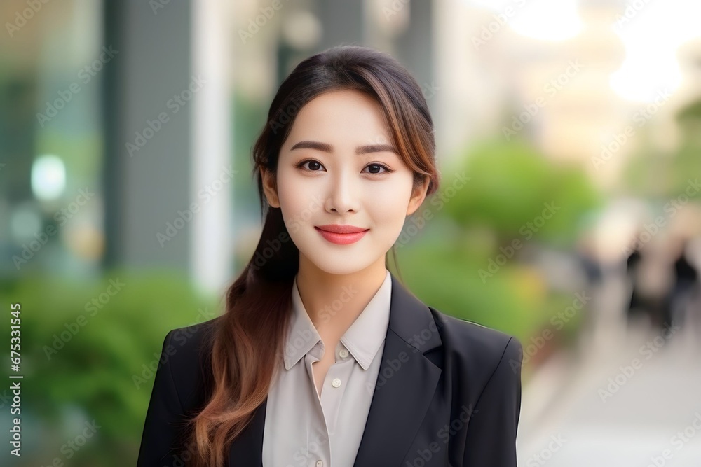 Portrait closeup of beautiful Asian businesswoman standing at outdoor city Portrait closeup of beautiful Asian businesswoman standing at outdoor city