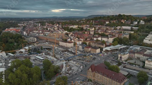 Wallpaper Mural twilight time stuttgart city center traffic street train station construction yard aerial panorama 4k germany  Torontodigital.ca