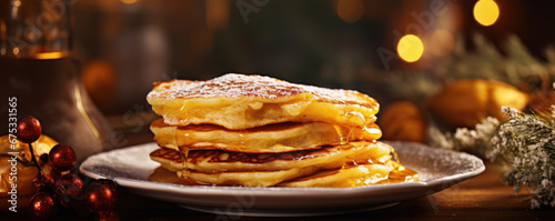 Pancakes in golden light with butter and jam. on white plate. Pancakes wide banner