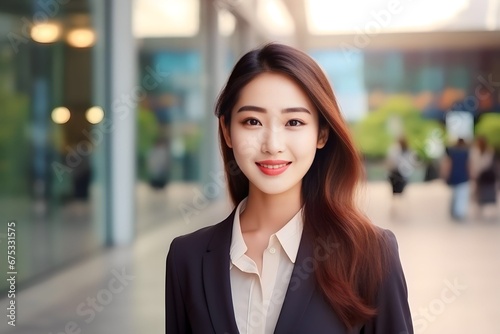 Portrait closeup of beautiful Asian businesswoman standing at outdoor city