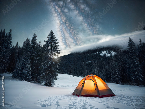 A glowing tent stands out in a serene snow-covered forest