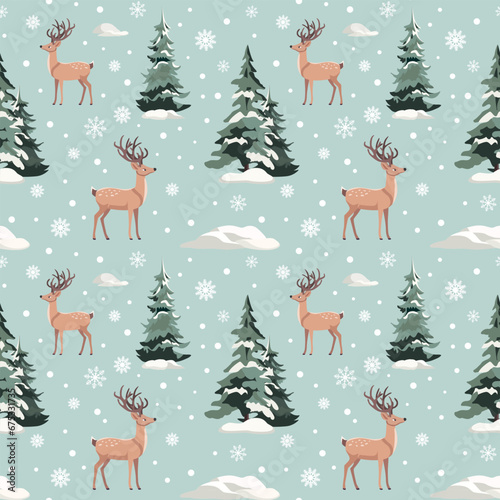 Wild deers in snowy winter forest. Vector seamless pattern with woodland.