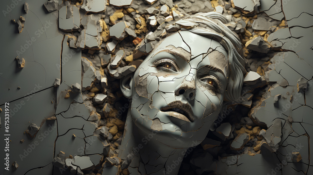 Portrait beautiful woman with white marble face art. Female face with a cracked wall background. Plaster sculpture of a woman with white skin. Depression, emotional distress, mental health concept.