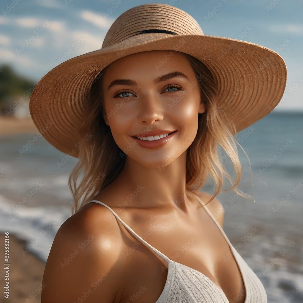 Woman relaxing on beach wearing big summer hat