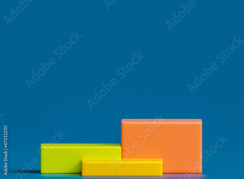 Abstract 3D room with set of steps realistic.3D square podium green orange and yellow.Empty platform. Colorful 3D illustration...
