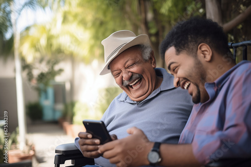 Fototapeta A Latin adult grandson shares moments of fun with his wheelchair-bound grandfather. They laugh heartily while watching a mobile device, the importance of valuing the time we spend with our loved ones.