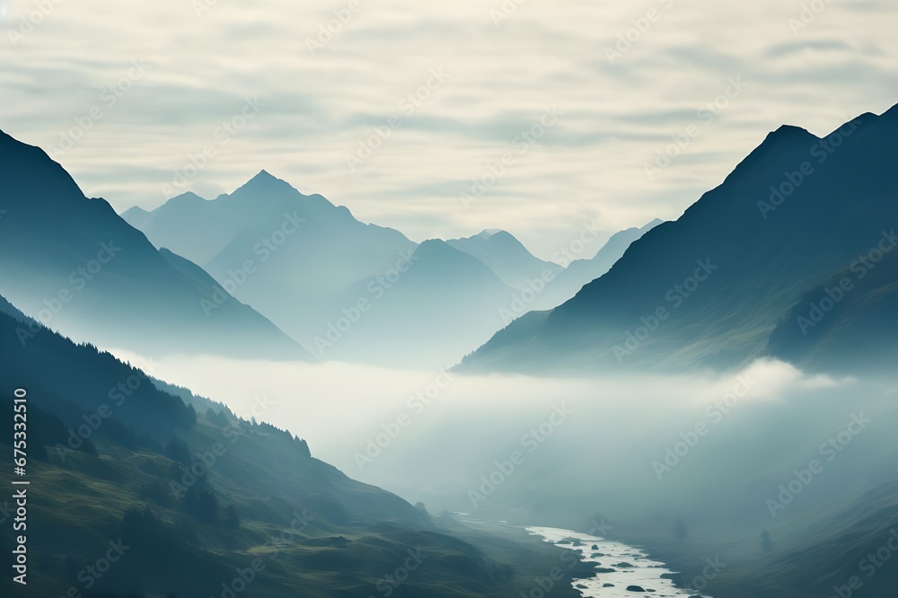 Mountain landscape with fog. Peaks of mountain range in the mist.